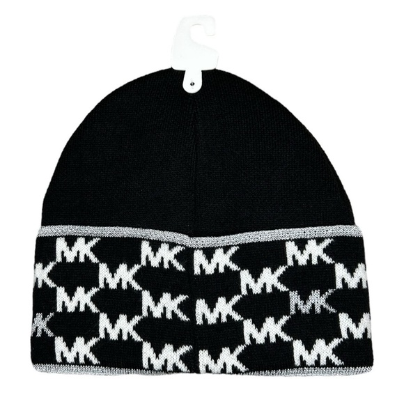MICHAEL Michael Kors Women’s Black Beanie with White Gray MK Logo Pattern - Picture 2 of 6